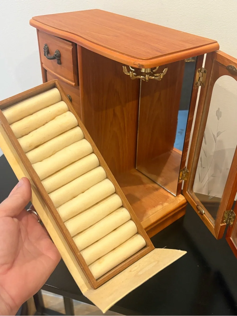Vintage Wooden Jewelry Box with Glass Door with Four Boxes
